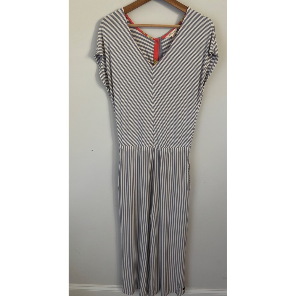 Matilda Jane Women Gray White Striped V-Neck Short Sleeve Jumpsuit Pockets Small